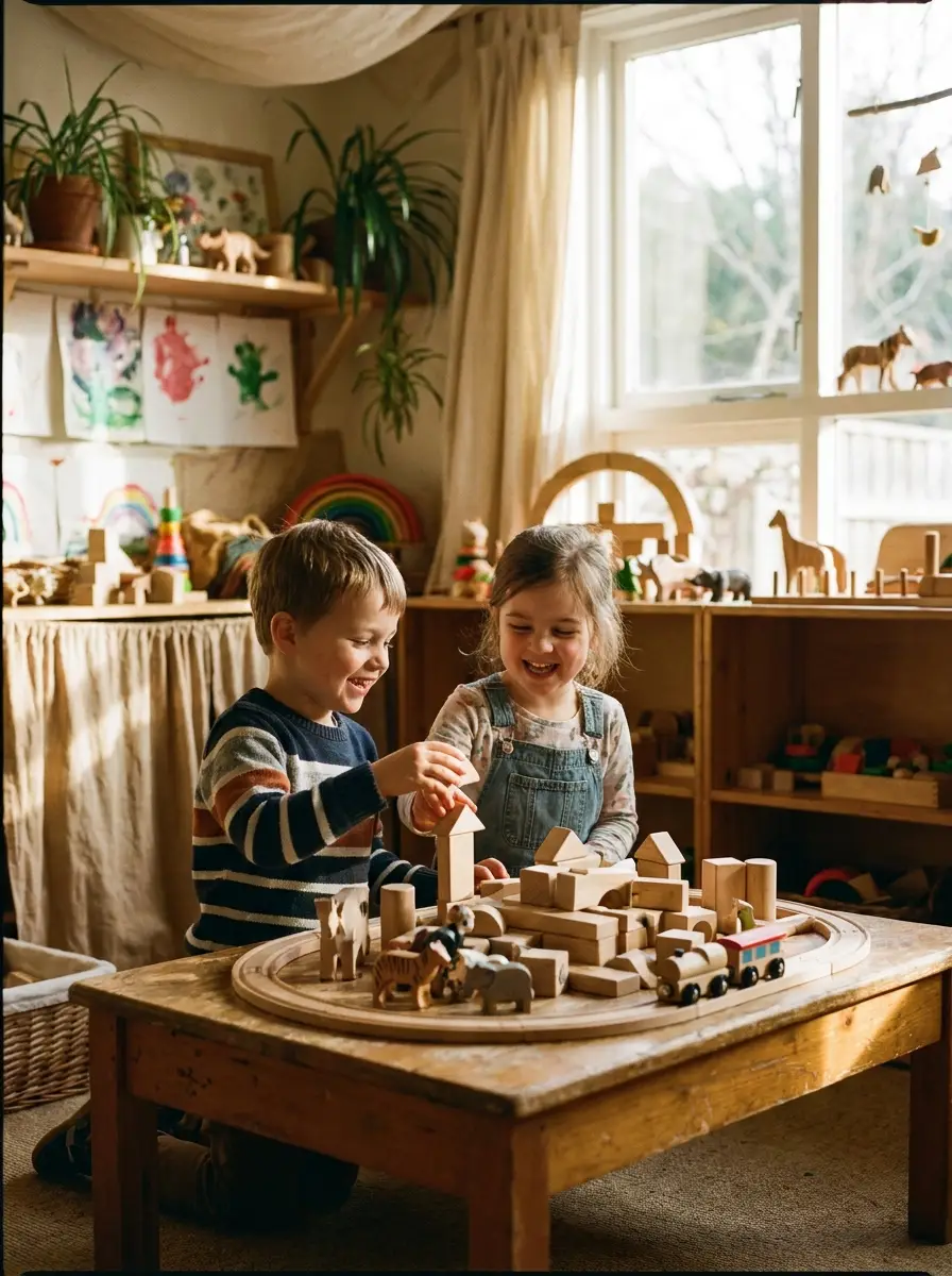 Symbolbild von zwei Kindern beim gemeinsamen Spiel mit Holzbausteinen